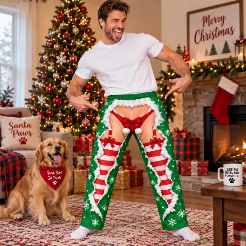 Naughty Elf Christmas Illusion Pajama Pants – Funny Candy Stripe Print