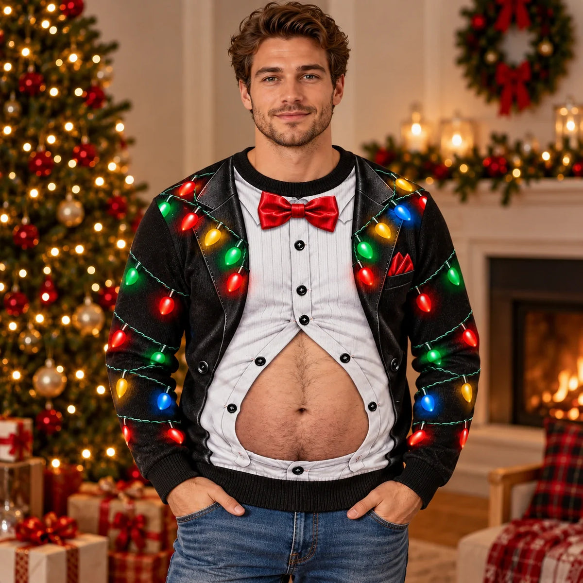 Men’s Funny Christmas Tuxedo Belly Print Sweatshirt – Festive Holiday Party Pullover