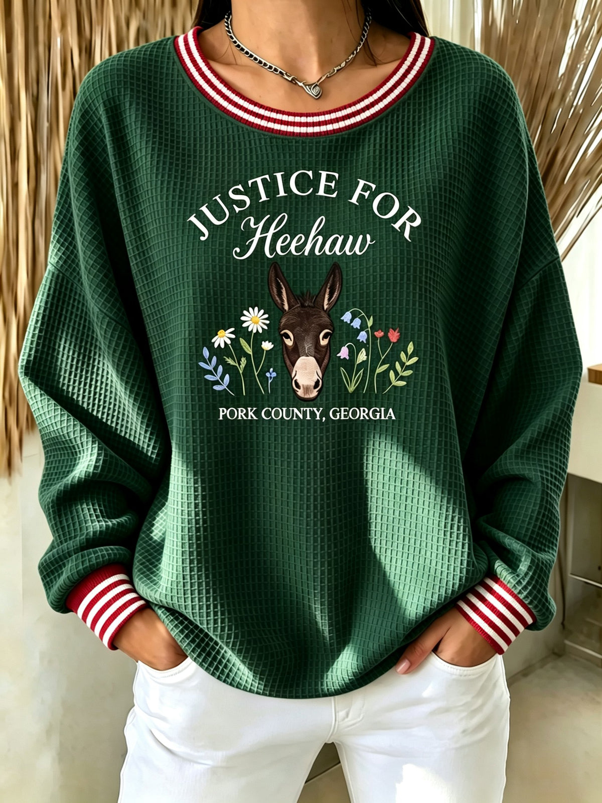 The women's style is the HeeHaw Donkey Justice Printed Sweatshirt.