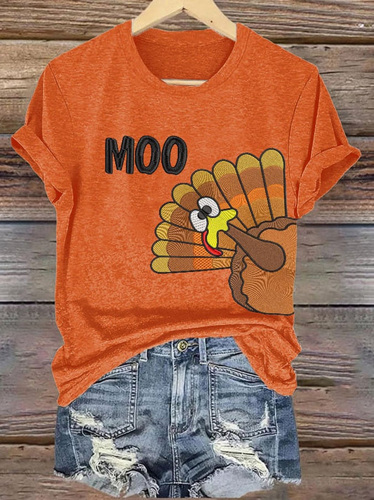 Women'S Thanksgiving Turkey Moo Print T-Shirt