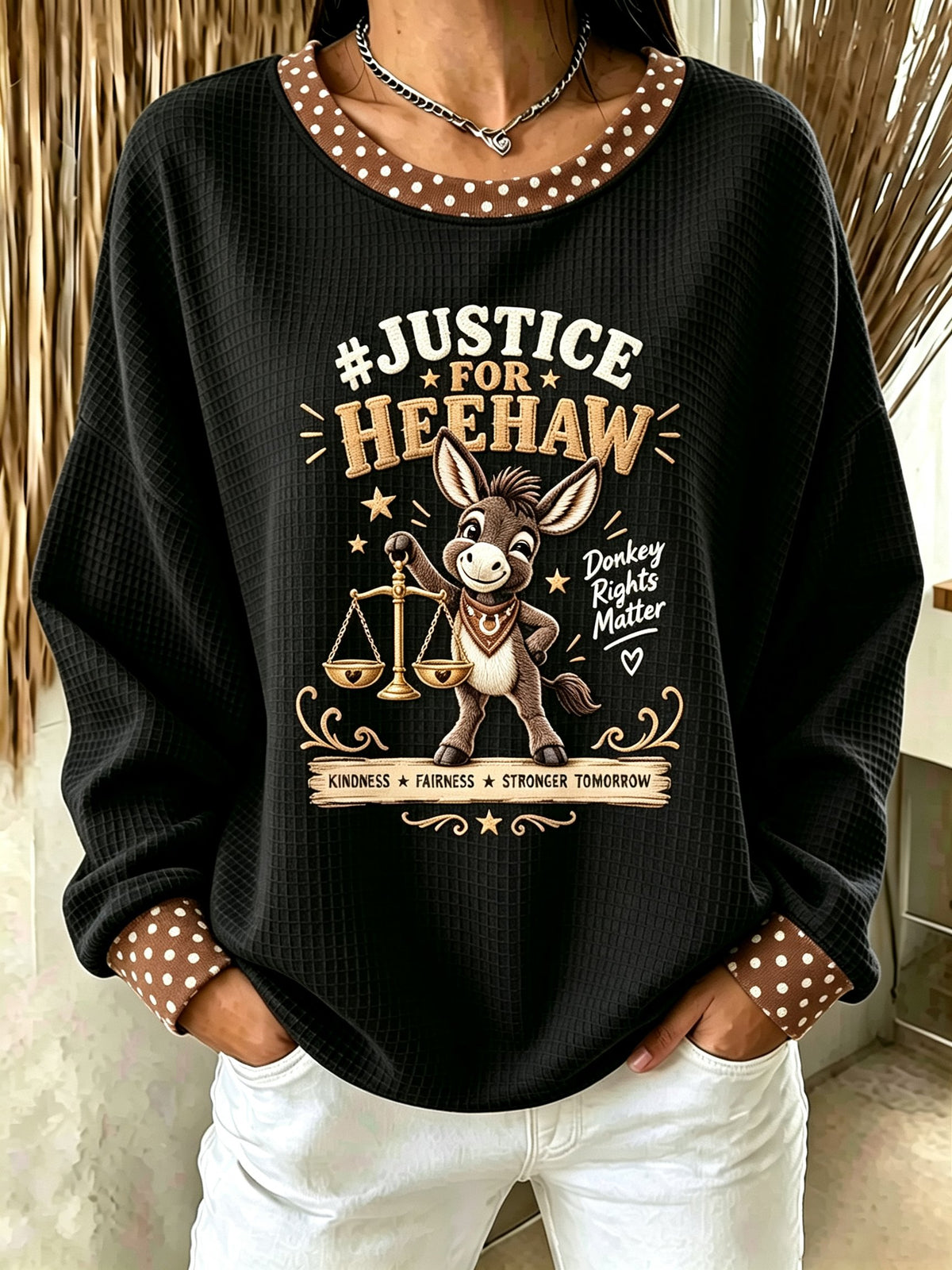 The women's style is the HeeHaw Donkey Justice Printed Sweatshirt.