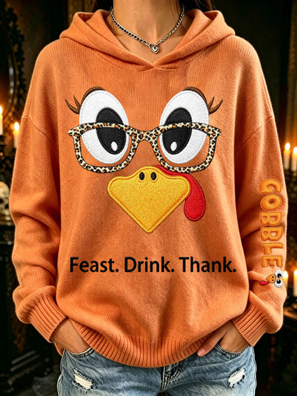 Women's Thanksgiving Turkey Feast. Drink. Thank. Printed Casual Hooded
