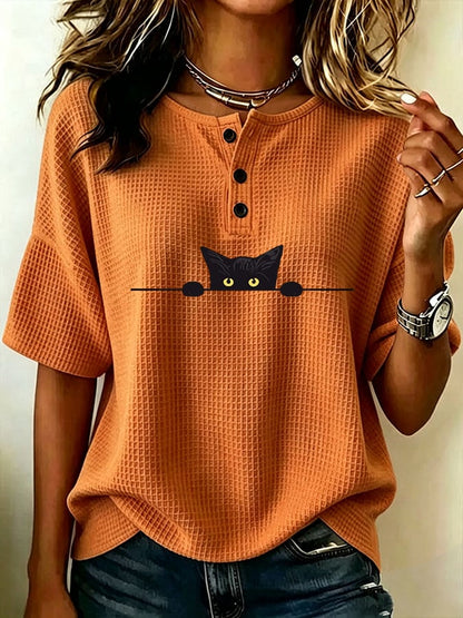 Women's Casual Waffle Print Loose Top
