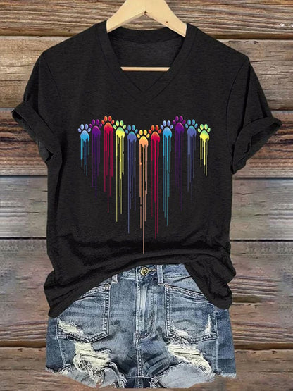 Women's Colorful Dog Heart Paw Print Casual T-shirt
