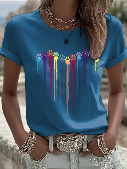 Women's Colorful Dog Heart Paw Print Casual  T-Shirt
