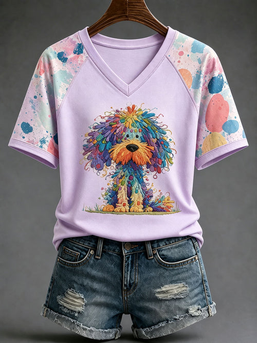 Ladies' Cute Dog V-Neck Casual T-Shirt