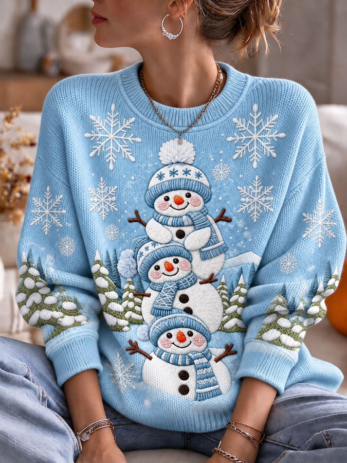 Women's Casual Cute Snowman-Print Knit Top