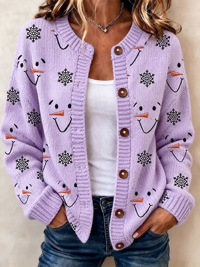Women's Casual Snowman-Print Knit Cardigan