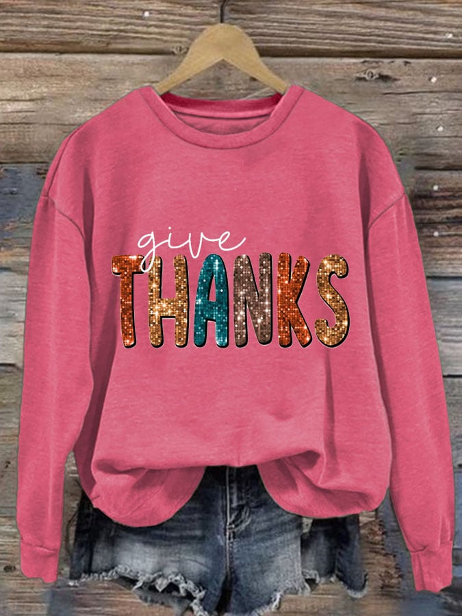 Women'S Casual Give Thanks Printed Long Sleeve Sweatshirt