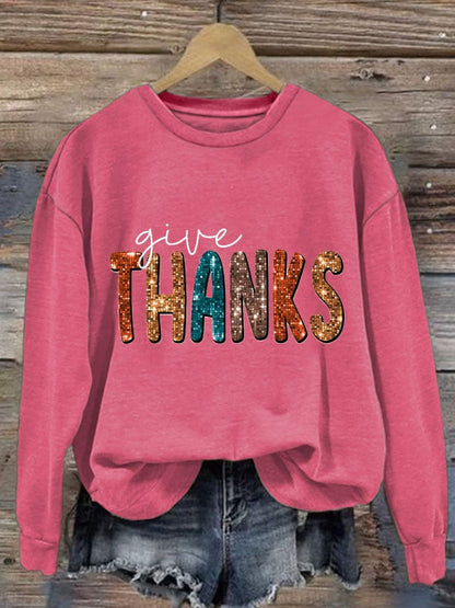 Women'S Casual Give Thanks Printed Long Sleeve Sweatshirt