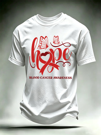 Men's T-shirts with designs promoting awareness of blood cancers
