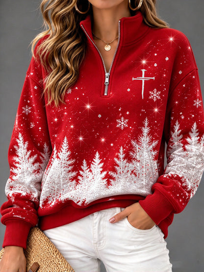 Women's Winter Christmas Snowy Night Faith Zip-Up Hoodie