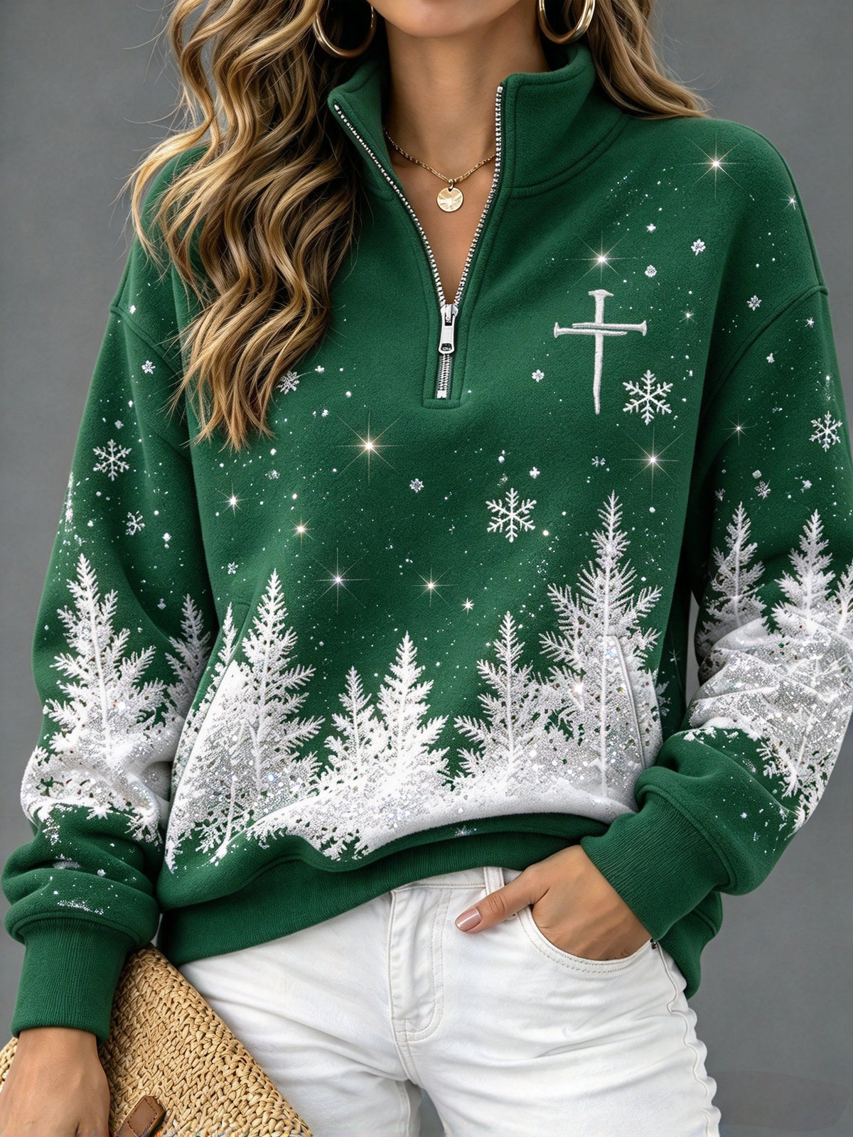 Women's Winter Christmas Snowy Night Faith Zip-Up Hoodie