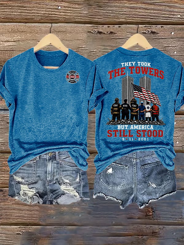 Women's BUT AMERICA STILL STOOD Print Crew-Neck T-Shirt