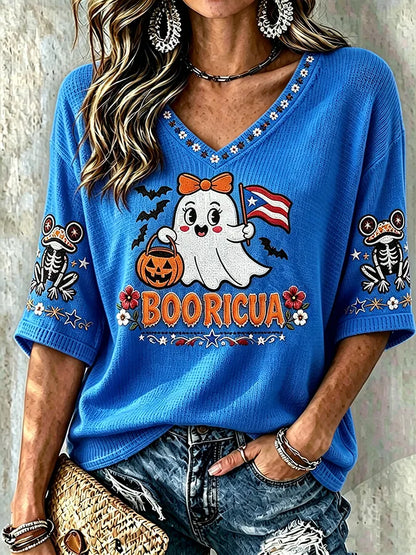 🎃Women's Halloween In Puerto Rico Print Waffle-Knit Top