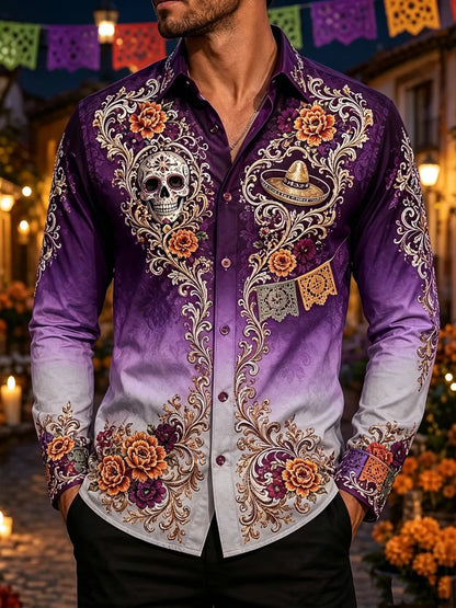 Men's Mexican Day of the Dead Gradient Sugar Skull Sombrero Floral Print Long Sleeve Shirt