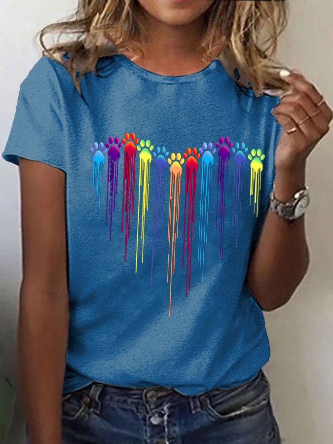 Women's Dog Paw Heart Print Casual T-Shirt