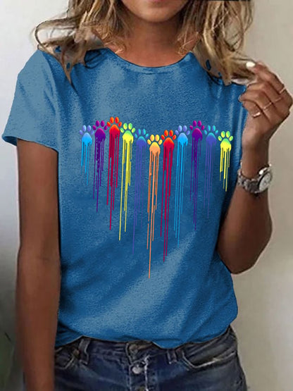 Women's Dog Paw Heart Print Casual T-Shirt