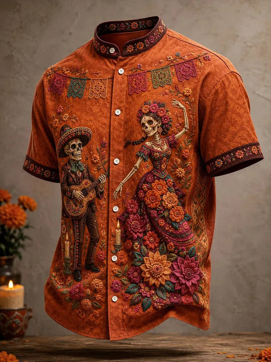 Men's Day Of The Dead Calavera Couple Festive Paper Flag Blooms Graphic Stand Collar Short Sleeve Shirt