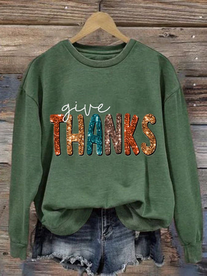 Women'S Casual Give Thanks Printed Long Sleeve Sweatshirt