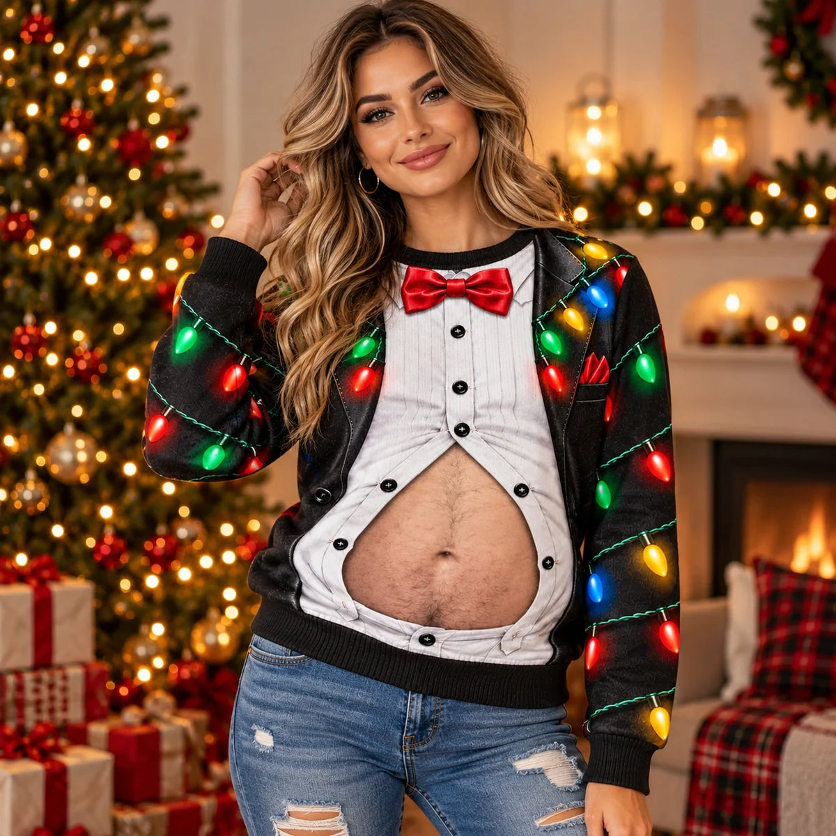 Men’s Funny Christmas Tuxedo Belly Print Sweatshirt – Festive Holiday Party Pullover