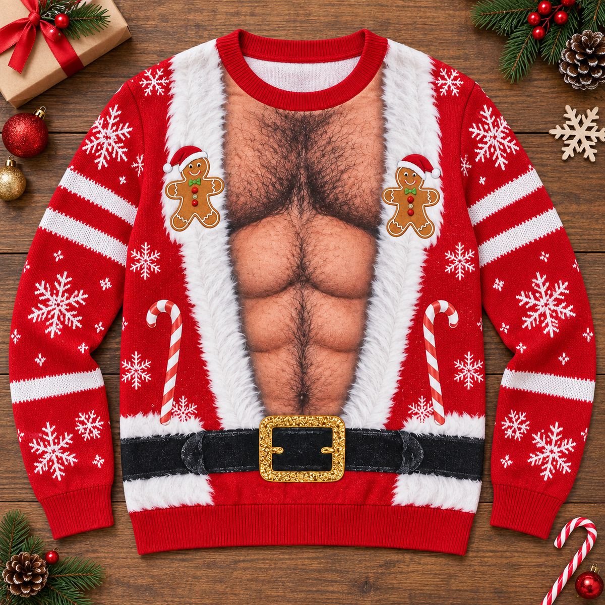 Custom Skin Tone Santa Hairy Chest Ugly Christmas Sweater – Funny Body Illusion Holiday Sweatshirt