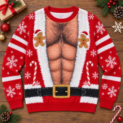 Custom Skin Tone Santa Hairy Chest Ugly Christmas Sweater – Funny Body Illusion Holiday Sweatshirt