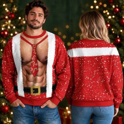 Funny Shirtless Santa Ugly Christmas Sweater – Body Illusion Holiday Party Sweatshirt