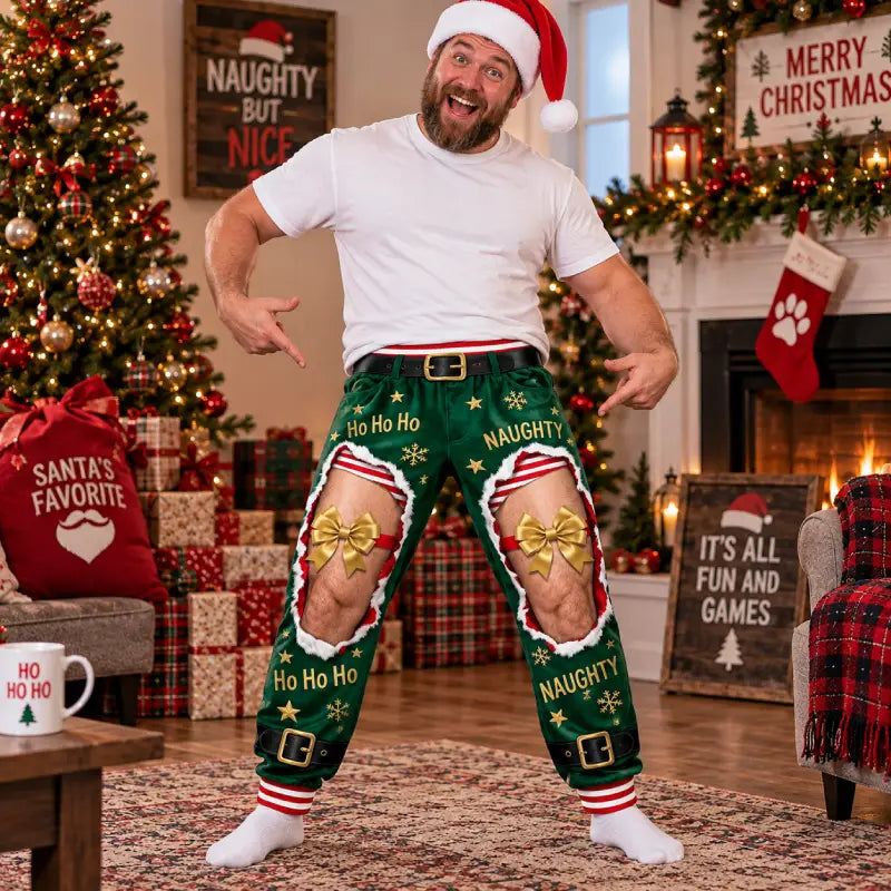 Funny Elf Ripped Illusion Christmas Pajama Pants – Naughty Holiday Lounge Pants