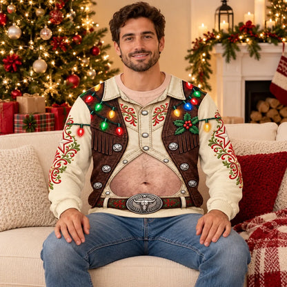 Funny Christmas Cowboy Belly Sweatshirt – Western Holiday Lights Pullover