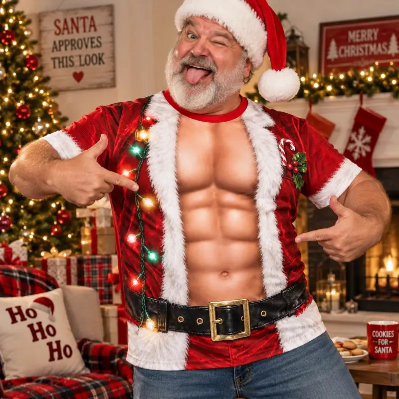 Funny Santa Muscle Illusion Christmas Shirt – Naughty Holiday Party Tee