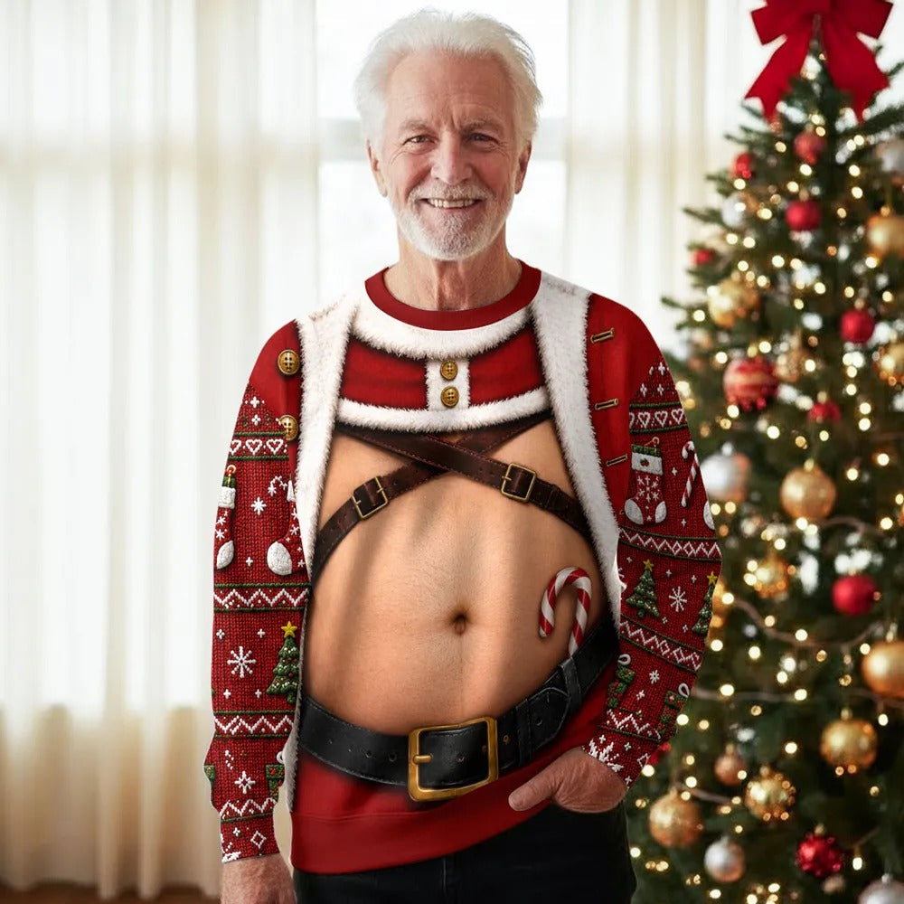 Personalized Santa Body Christmas Sweatshirt – Funny 3D Holiday Ugly Sweater, Unisex Christmas Gift
