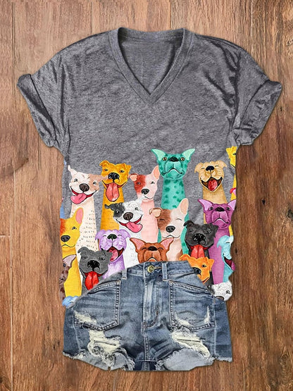 Women's Fun Colorful Dogs Print V-Neck T-Shirt
