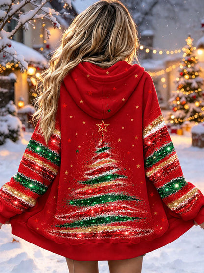 Women's Casual Printed Zipper Hooded Cardigan