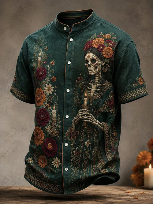 Men's Day Of The Dead Skeleton Woman Ritual Blooms Graphic Stand Collar Short Sleeve Shirt