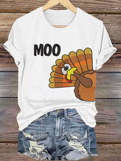 Women'S Thanksgiving Turkey Moo Print T-Shirt