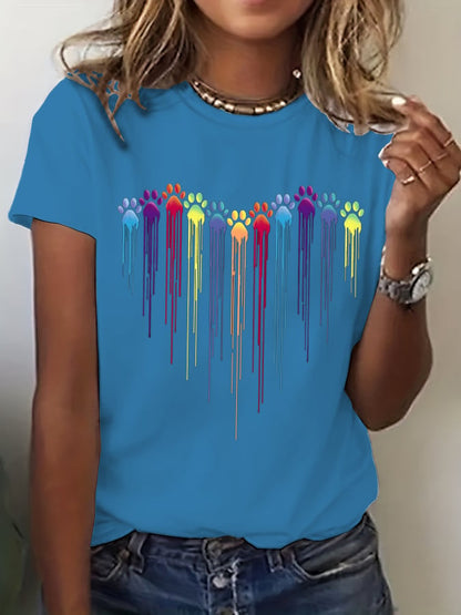 Women's Colorful Dog Heart Paw Print Casual T-shirt