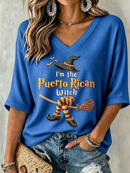 🎃Women's Halloween In Puerto Rico Print Waffle-Knit Top