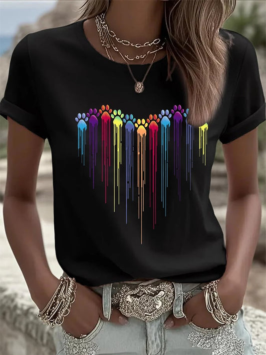 Women's Colorful Dog Heart Paw Print Casual  T-Shirt