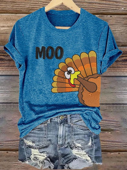 Women'S Thanksgiving Turkey Moo Print T-Shirt