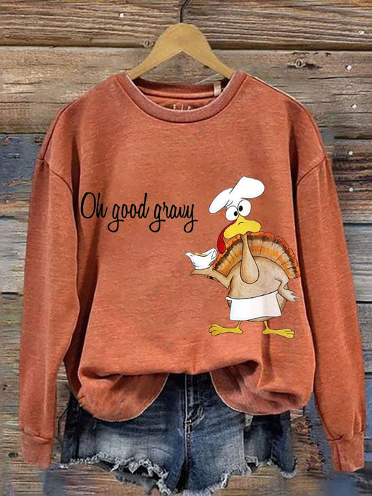 Women's Funny Thanksgiving Turkey Oh Good Gravy Print Crew Neck Sweatshirt