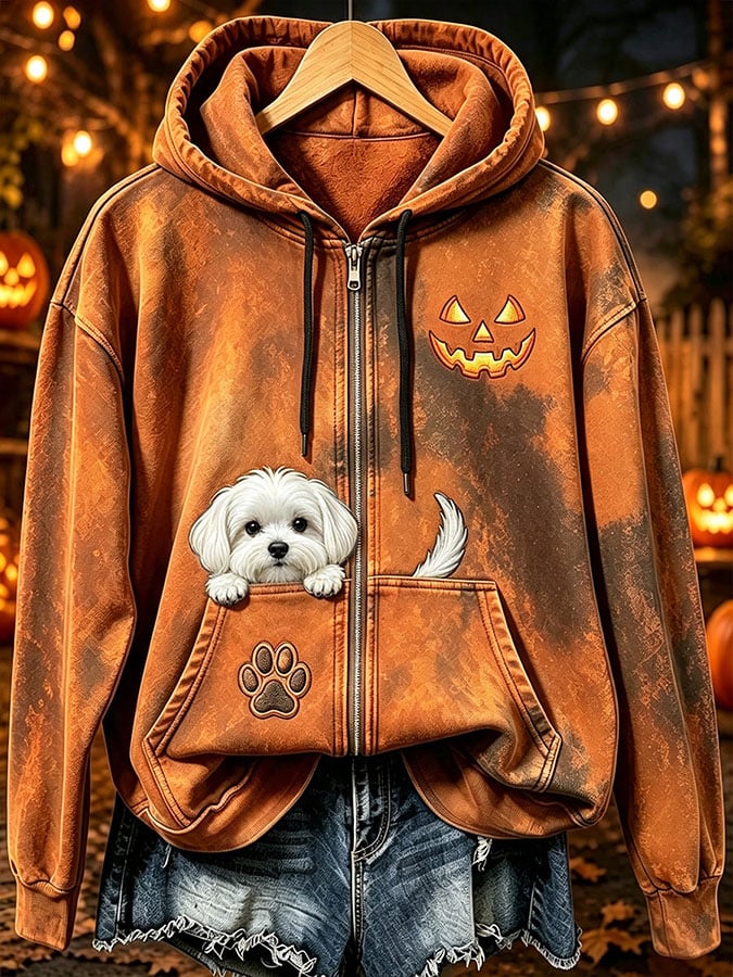 Women's Halloween Cute Dog Pumpkin Face Print Casual Sweatshirt