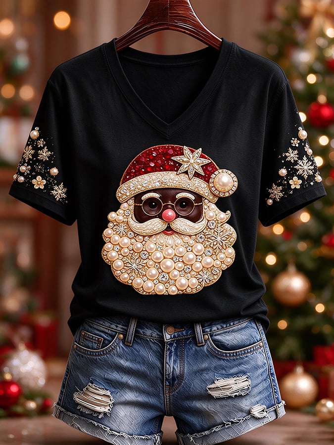 Black Women'S Christmas-Themed Printed Casual T-Shirt