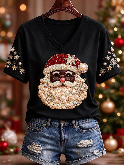 Black Women'S Christmas-Themed Printed Casual T-Shirt