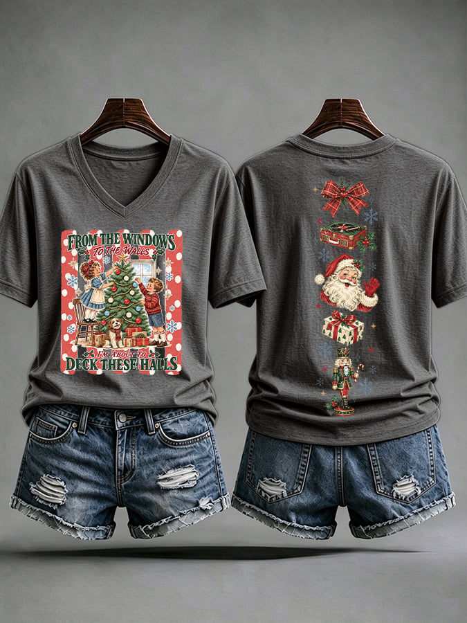 V-Neck Retro Christmas From Window To The Walls I'm About To Deck These Halls Print T-Shirt