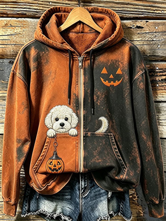 Women's Halloween Cute Dog Pumpkin Face Print Casual Sweatshirt