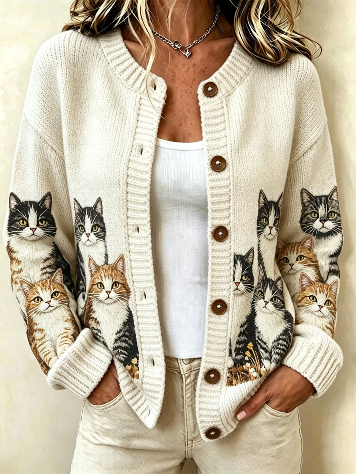 Women's Retro Cat Print Sweater Jacket