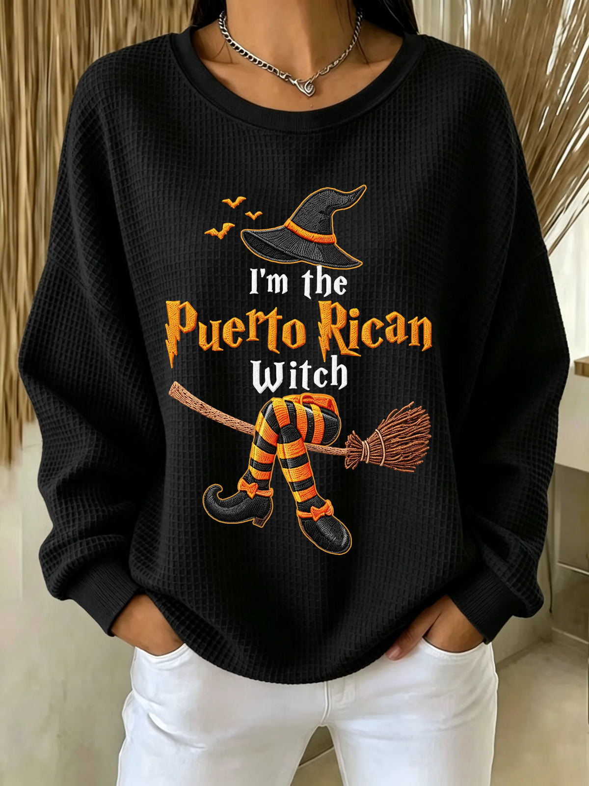 🎃Women's Halloween in Puerto Rico Print Waffle-Knit Top