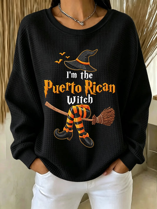 🎃Women's Halloween in Puerto Rico Print Waffle-Knit Top