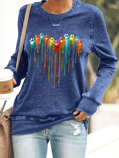 Women's Colorful Love Heart Dog Paw Print Sweatshirt